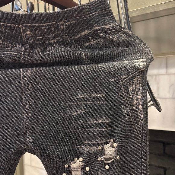 None Pants - Distressed Faux Denim Pearl Stud Leggings | Stretch Jeggings Pants